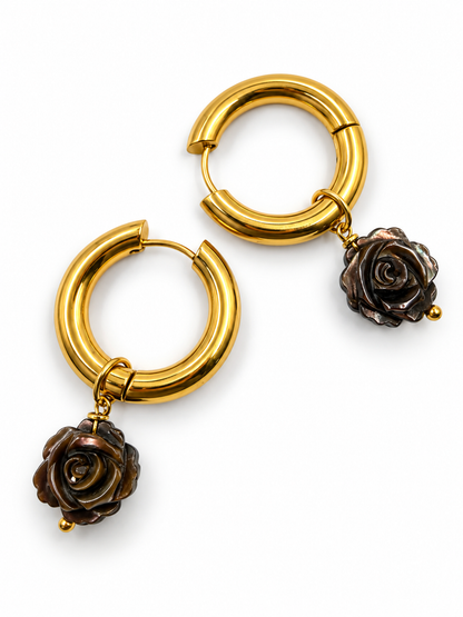 NACRE Deep Brown Mother-of-Pearl Rose Hoop Earrings