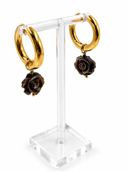 NACRE Deep Brown Mother-of-Pearl Rose Hoop Earrings