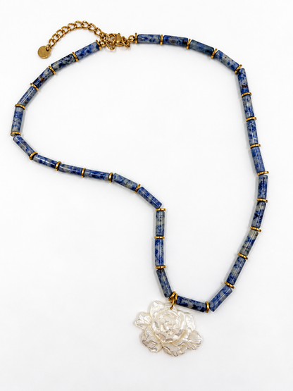 NACRE Blue Spot Jasper Mother-of-Pearl Flower Necklace