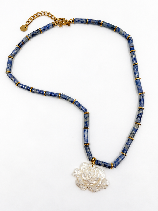 NACRE Blue Spot Jasper Mother-of-Pearl Flower Necklace
